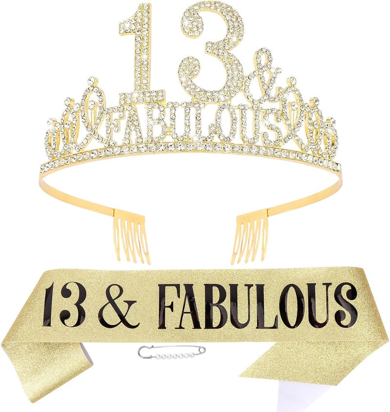 Hapdoo 13th Birthday Decorations Set - Gold 13th Birthday Crown and Sash with Tiara for Her - Image 1